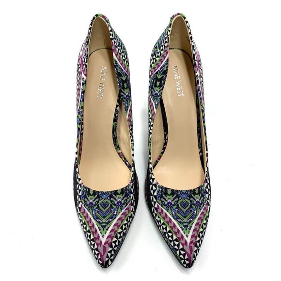 Nine West Abstract Print Fabric Gwendle 2 Stiletto Heels Black/Green/Purple Sz10 - Picture 2 of 9